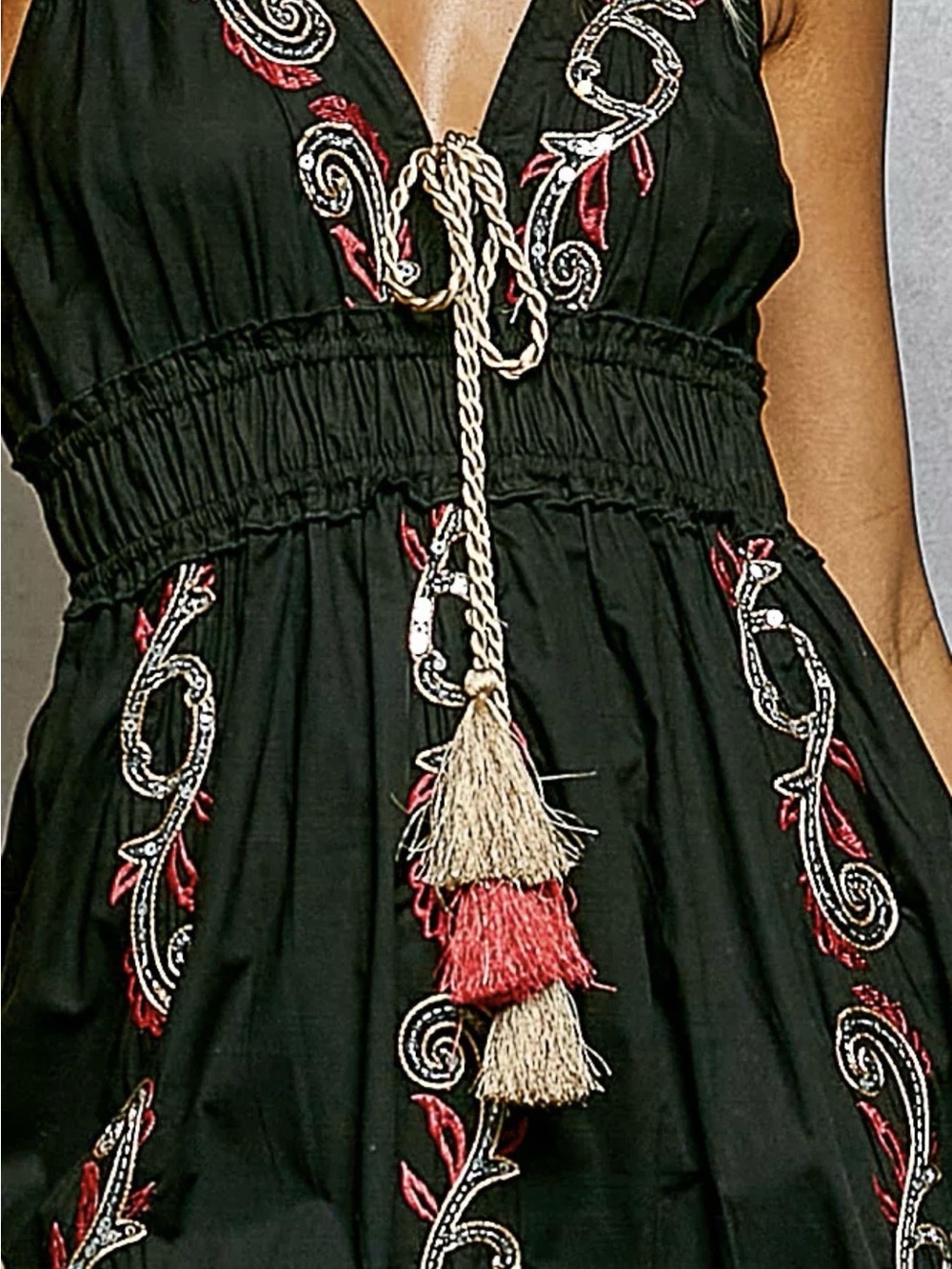 POL Embroidered Detail Tassel Tie Smocked Waist Midi Tierd Cami Dress L - Picture 5 of 6